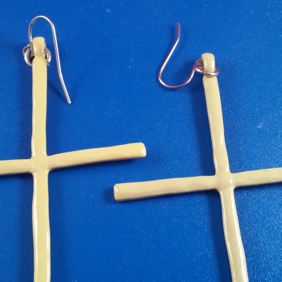 Yellow Enamel Hammered Metal Large Cross Earrings - Picture 2 of 4